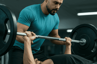 A trainer helping a client to do strength training