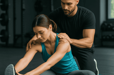 A trainer helping a client with stretches and mobility exercises